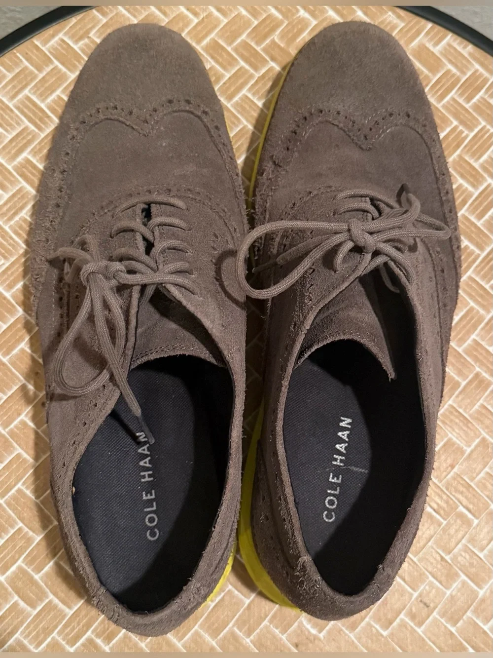 Cole Haan Gray Suede Wingtip Oxford Shoes with Yellow Soles - Men's Size 9